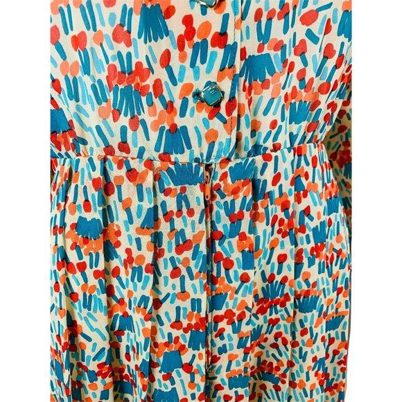 Vintage 1980s Silk Shirtdress Necktie Red Orange Blue Artistic Printed Dress - Picture 4 of 10